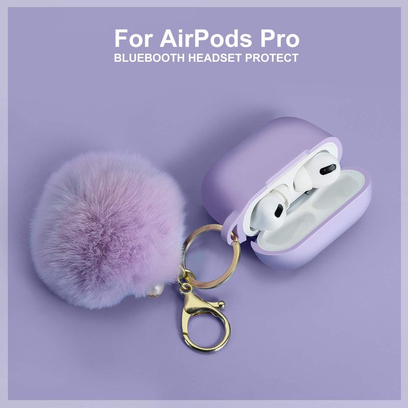 Cypher.V Protective Case Cover for Airpods Pro Charging Case, Upgraded Air Pods Silicone Case Skin with Soft Cute Fluffy Ball Pom Pom Keychain Kit (A, Purple) - Image 2